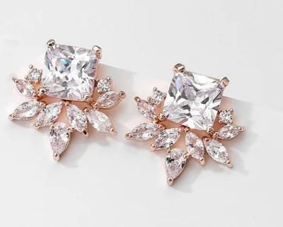 Bridal Wedding CZ Square Earring Necklace Jewelry, Rose Gold Earring