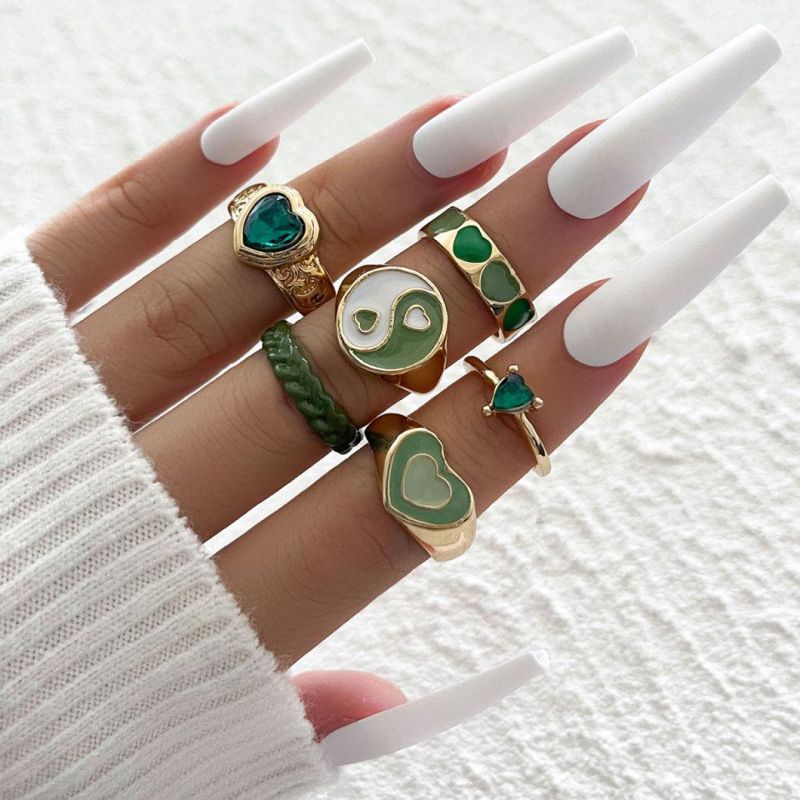 Manufacture 6PCS/Set Pink Enamel Heart Shape Stone MIDI Ring Stacking Statement Rings with Cherry Heart Yingyang Fire Patterns