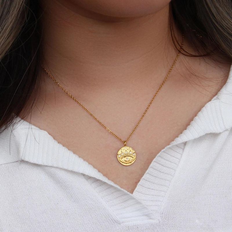 Factory Customized Fashion Coin Pendant Fine Side Chain Women′s Jewelry 18K PVD Gold Plated Evil Eye Stainless Steel Gold Necklace