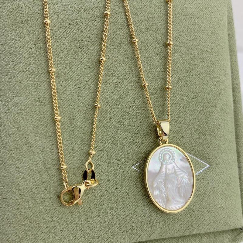 Natural Mop Shell Jewelry in Round Shape Religious Statue Necklace for Mother′s Day Gift