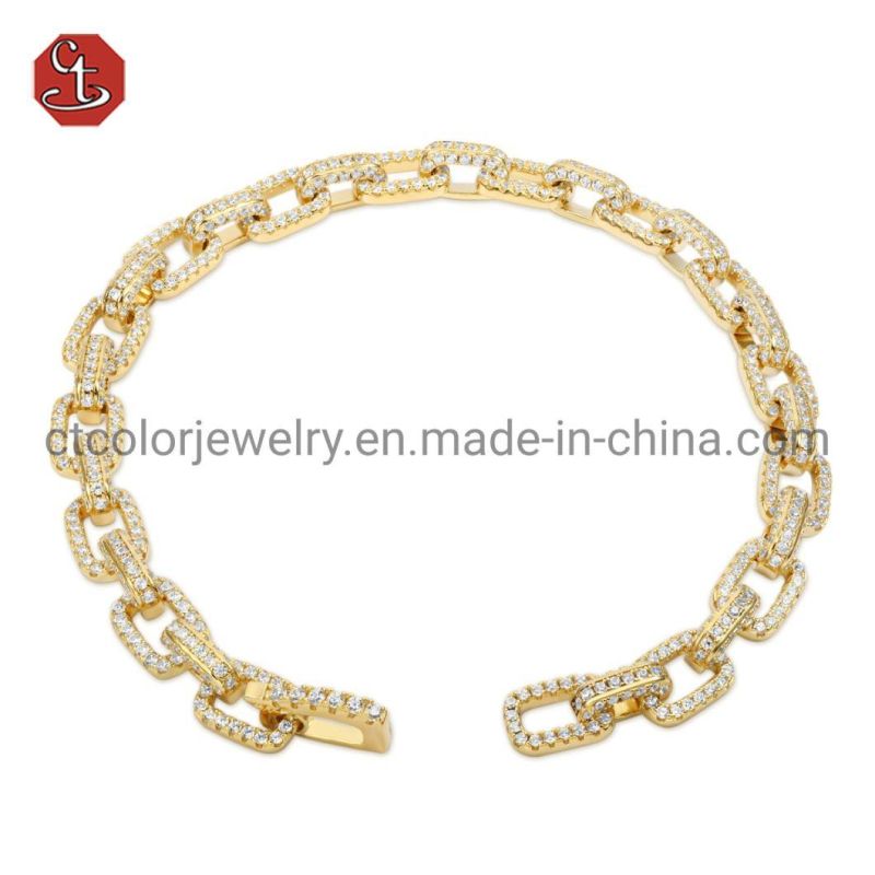 Best jewellery online 14K Gold plated Serial buckle Hiphop big CZ pave plain accessory interlink Brass silver Jewelry man Bracelet