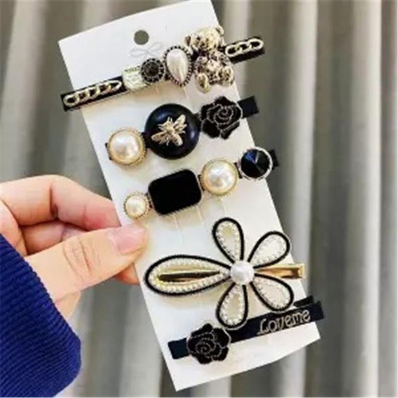 Net Red Hot Style Scissors Pearl Feather Six-Piece Hair Clip, Bear Girl Side Clip, Word Clip Duckbill Clip Hair Accessory