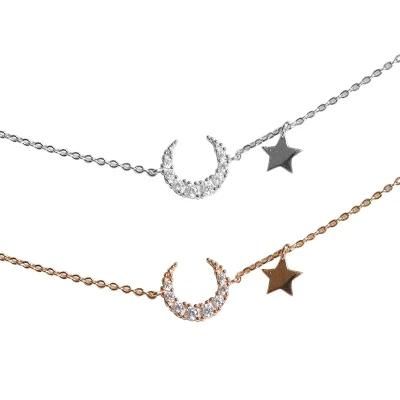 S925 Sterling Silver Simple Design Luxury Moon and Star Choker Necklace