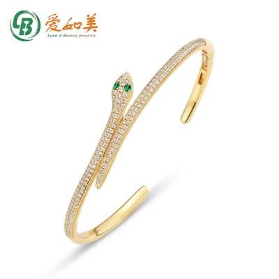 Fashion Sterling Silver Snake Bangle Gold Plated CZ Women Cuff Bangle