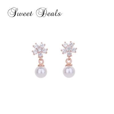 Fashion Flower Stud Earrings S925 Sterling Silver Diamond Pearl Earrings