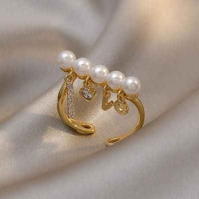 Love Brasss Plated Pearl Open Ring Letter Ring Jewelry