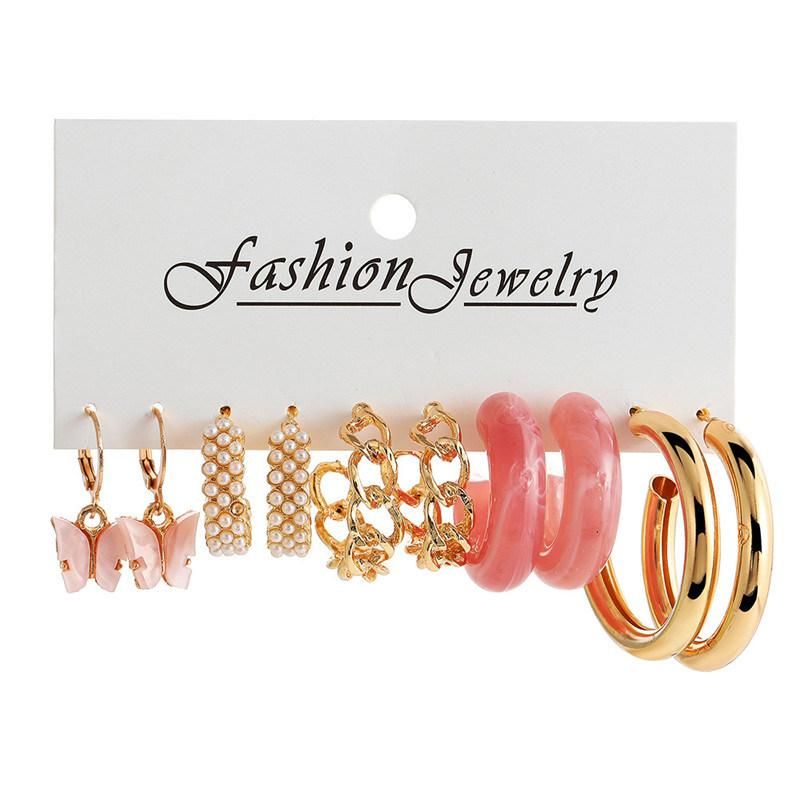 Manufacture New Design 5 Pairs Earrings Pink Perspex Butterfly Pearl Pave Hoop Curb Chain Hoop Smooth Metal Tube Multiple Women Earrings