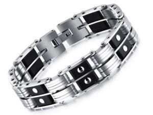 Fashion High Quality Men&prime;s Motor Biker Chain Link Two Row Silicone Bracelets Stainless Steel Punk Bracelet Sports Cuff Bangles