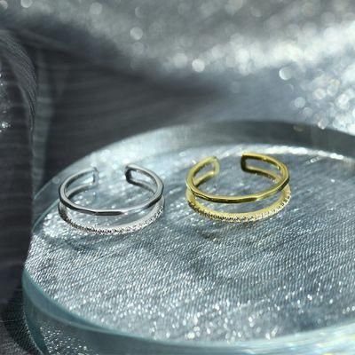 Simple S925 Sterling Silver Gold-Plated Double Round Ring Fashionable Zircon Opening Adjustable Ring