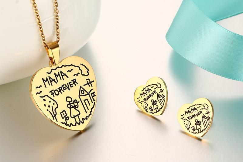 Heart Engrave Gold Tag Jewelry Set for Lady