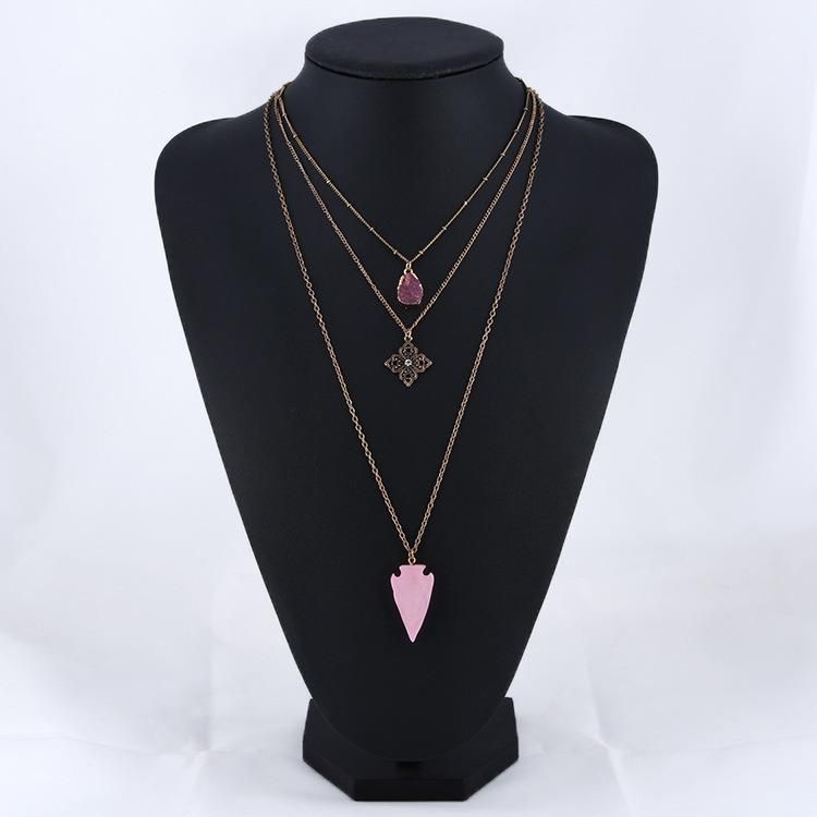 Long Multi-Layer Carved Diamond-Studded Pink Natural Stone Necklace