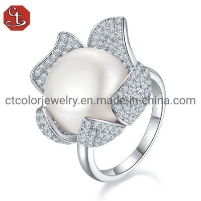 Fashion Women Jewelry Ring Flower Shape 925 Sterling Silver with High Quality Pearl Rings