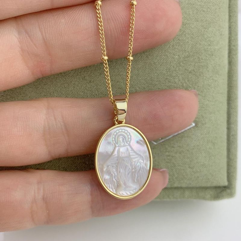 Natural Mop Shell Jewelry in Round Shape Religious Statue Necklace for Mother′s Day Gift