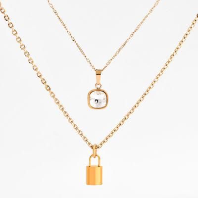 Stainless Steel Jewelry Gold Plated Metal Chain Fashion Layering Necklace with Crystal Pendant Jewelry