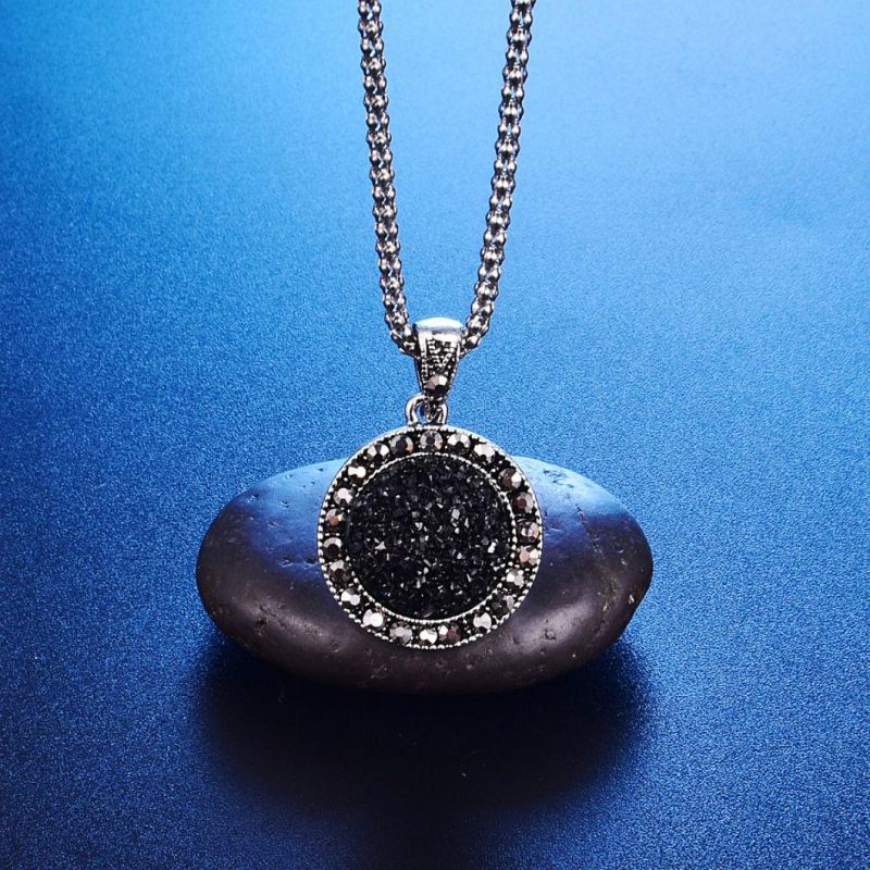 Vintage Black Round Stone Pendant Necklace Women Jewelry Set