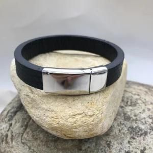 Titanium Steel Simple Black Leather ID Wrap Bracelets for Men