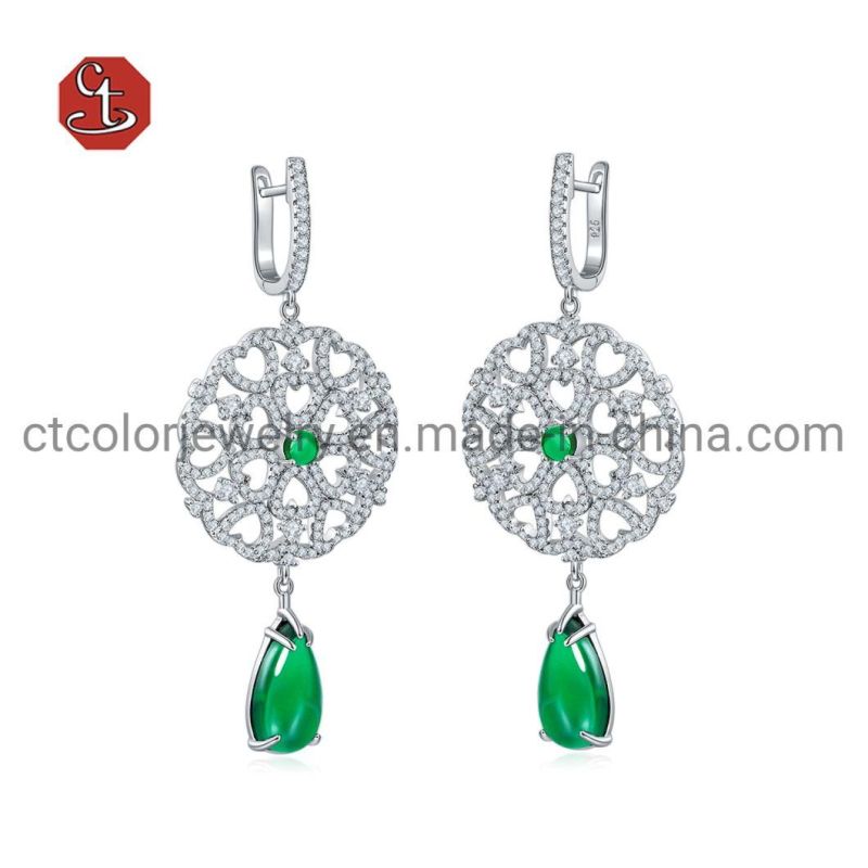 Luxury Imitation Green Gemstone Brass Earring Heart Set Jewelry for Women