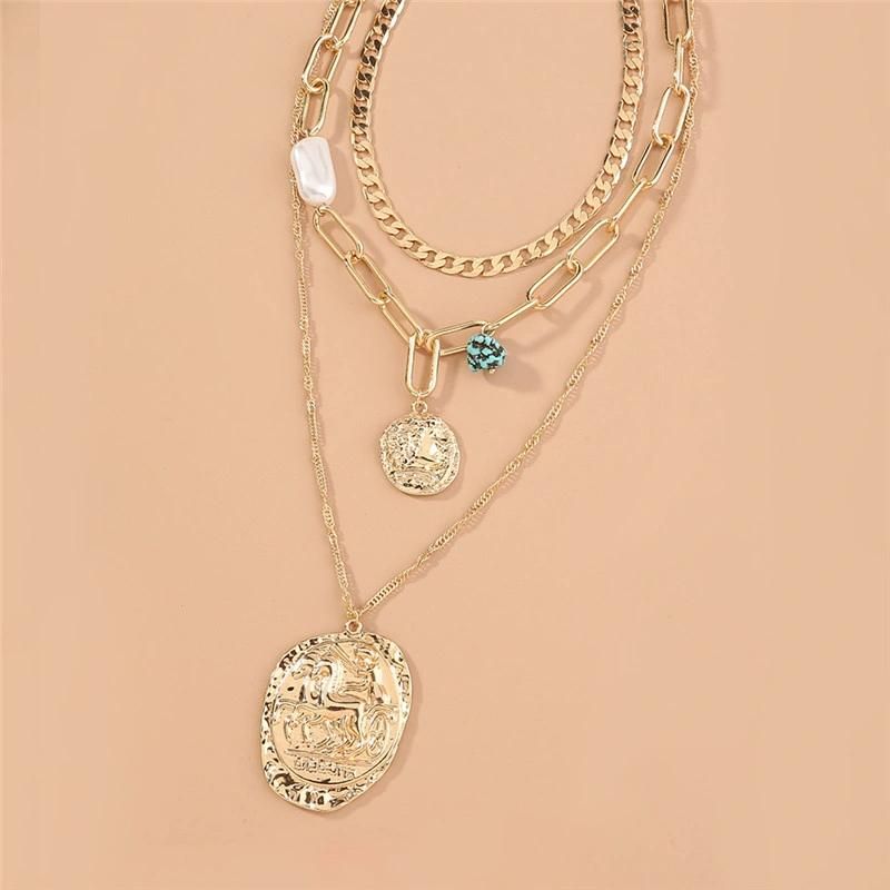 Wholesale Jewelry Multiple Rows Irregular Teardrop Semiprecious Head Coin Pendant Gold Plated Chain Choker Necklace for Women Fashion Accessories