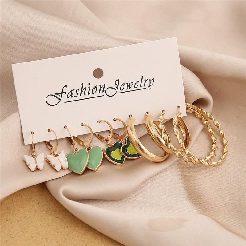 Manufacture Best Seller Classic 5 Pairs Earrings with Natural Shell Butterfly Blue Light Green Enamel Fishhook Smooth and Twisted Hoop Women Earrings for The Tr