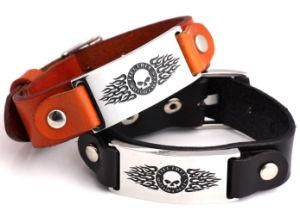 Pg100 Jewelry Men&prime;s Leather Bracelet 316L Stainless Steel Skull Bangle B7220