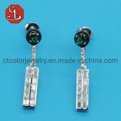 Women Girl Gift Fashion White Black Color Enamel Green CZ Cubic Zirconia Baguette TP Earring Sterling 925 Silver Jewelry