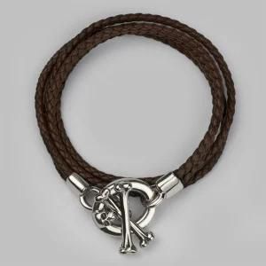 Skull &amp; Crossbones Leather Wrist Bracelet Silver &amp; Brown Woven Leather for Men