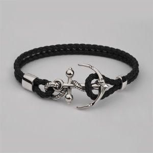 Anchor Leather Wrist Bracelet Stainless Steel &amp; Black Woven Leather Men Bracelet