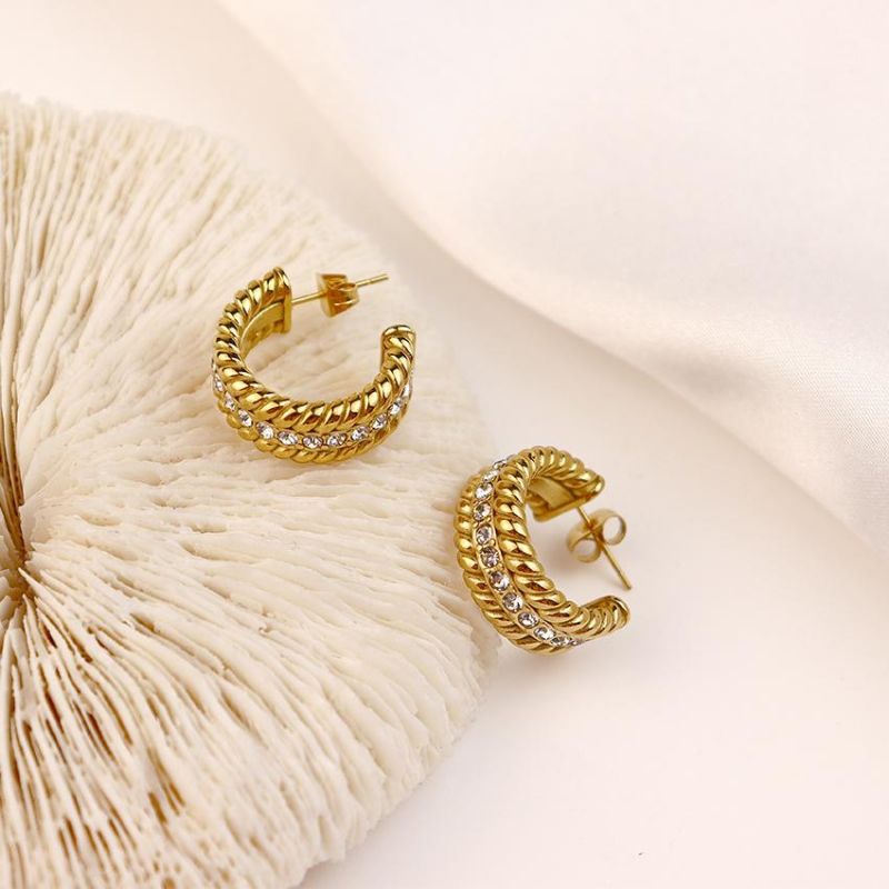 Fashion Jewelry Shop Two Rows of CZ Stone Stainless Steel Hoop Earrings