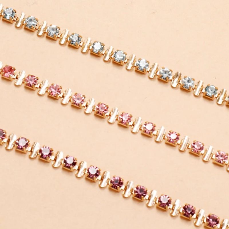 Simple and Sweet Pink Claw Chain Copper Buckle Foot Ornaments Multi-Layer 3-Piece Crystal Set Anklet