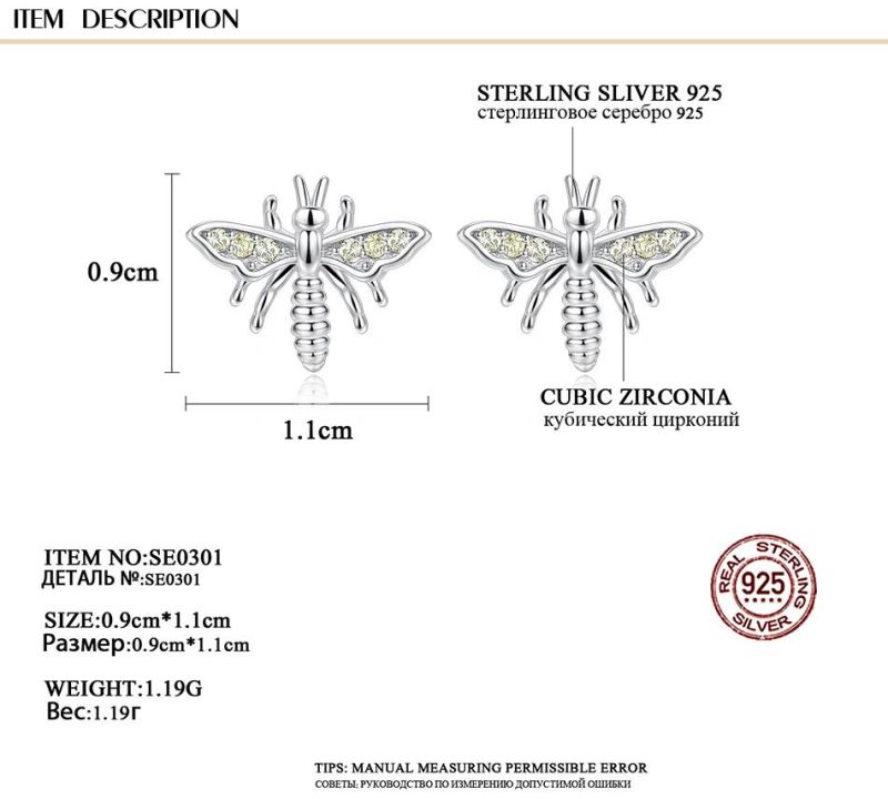Silver Jewelry Bee Model Earring Stud for Women
