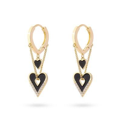 Wholesale 18K Gold Plated Luxury Jewelry Enamel Heart Huggie Hoop Earrings with Chain Tassels