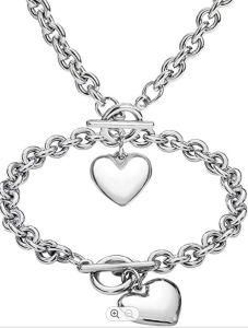 Heart Chain Choker Bracelet and Necklace Set Chunky Charm Stainless Steel Top Fashion Silver Link Chain Necklaces Trendy