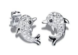 Stainless Steel Stud Earrings Dolphin Plated Micro Pave Cubic Zirconia for Women More Colors 9*12mm Sold by Pair