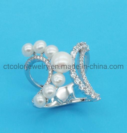 Fashion Jewelry 925 Sterling Silver Creative Design Ring with CZ and Pearl Fashion Customized Jewellery