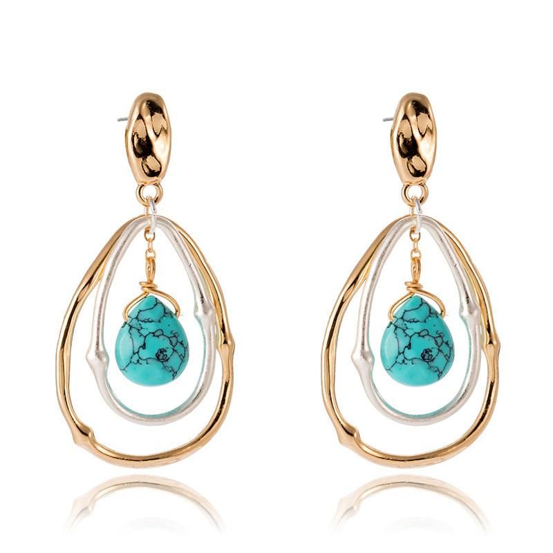 Manufacture New Design Gold Matte Sterling Silver 2 Tone Plated Color Teardrop Drop Earrings with Natural Turquoise Semiprecious Stone Drop
