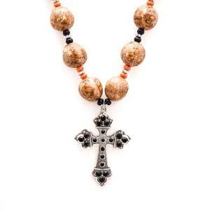 Fashion Men Jewelry Wood Bead Long Statement Cross Necklace