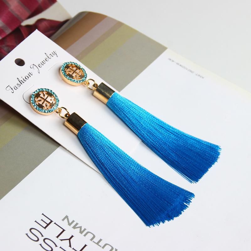Crystal Women Fashion Jewelry Silk Fabric Long Drop Tassel Earrings