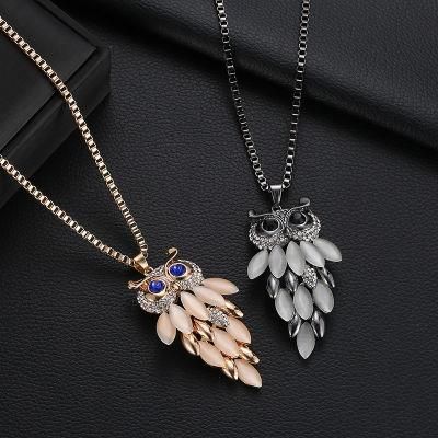 Fashion Alloy Opal Pendant Necklace Women Choker Lady Girl Owl Pendant Necklace Long Sweater Necklace Accessories