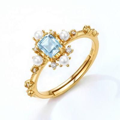 Vintage Gemstone Ladies Rings S925 Sterling Silver Sky Blue Topaz White Shell Cubic Zirconia Jewellery Finger Ring