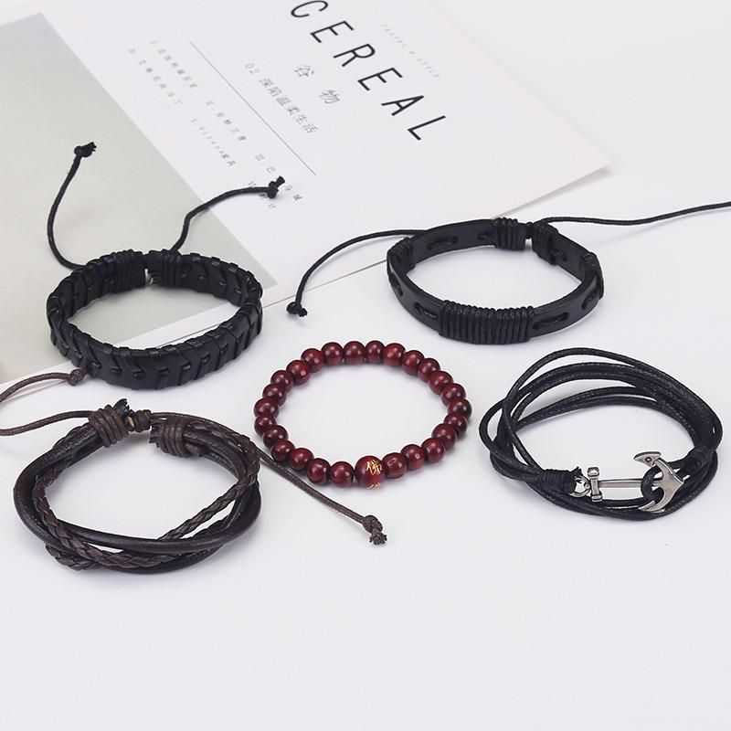 Europe and America Simple Retro Set Bracelet DIY Woven Cowhide Bracelet Punk Bracelet Rope Leather Bracelet