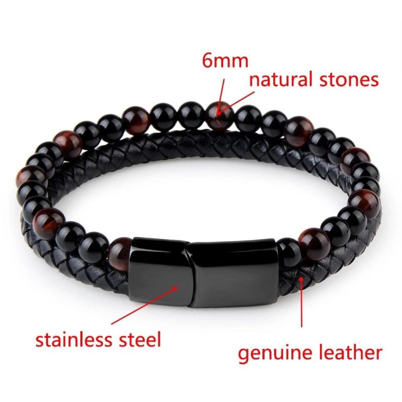 Men Stainless Steel Clasp Punk Leather Braided Beads Bracelet Jewellery