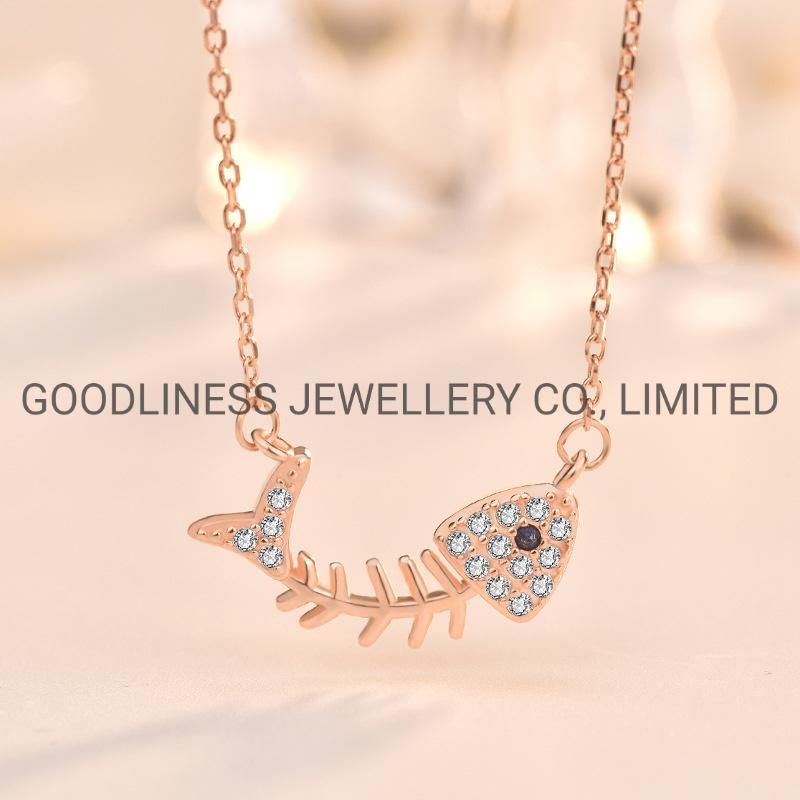 925 Sterling Silver Fish Bone CZ Necklace Fine Jewelry