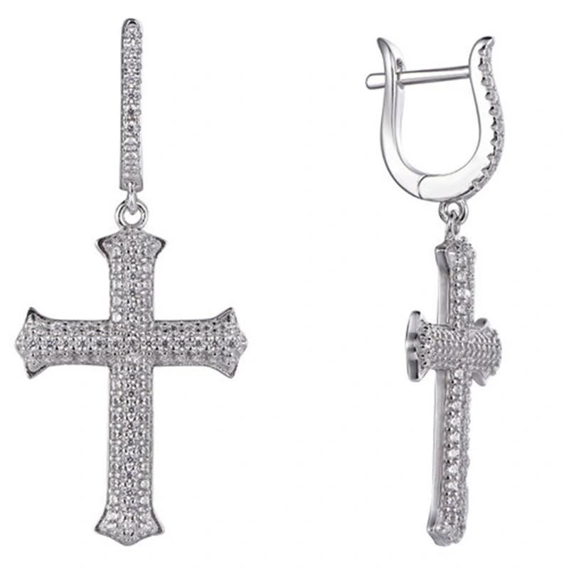 925 Silver CZ Wings Cross Earring with English Clasp