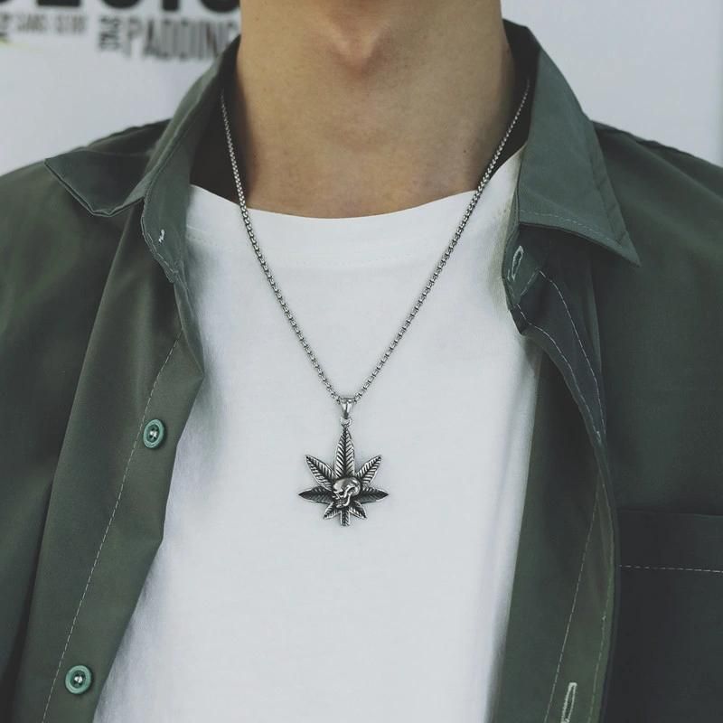 Stainless Steel Skull Necklace Leaf Skull Pendant Fashion Jewelry for Mens