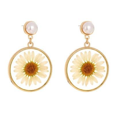 Manufacture 2021 European and American New Real Flower Drop with Round Pearl Stud Earrings for Women Gold Plated Fashion Jewelry Earrings Gift