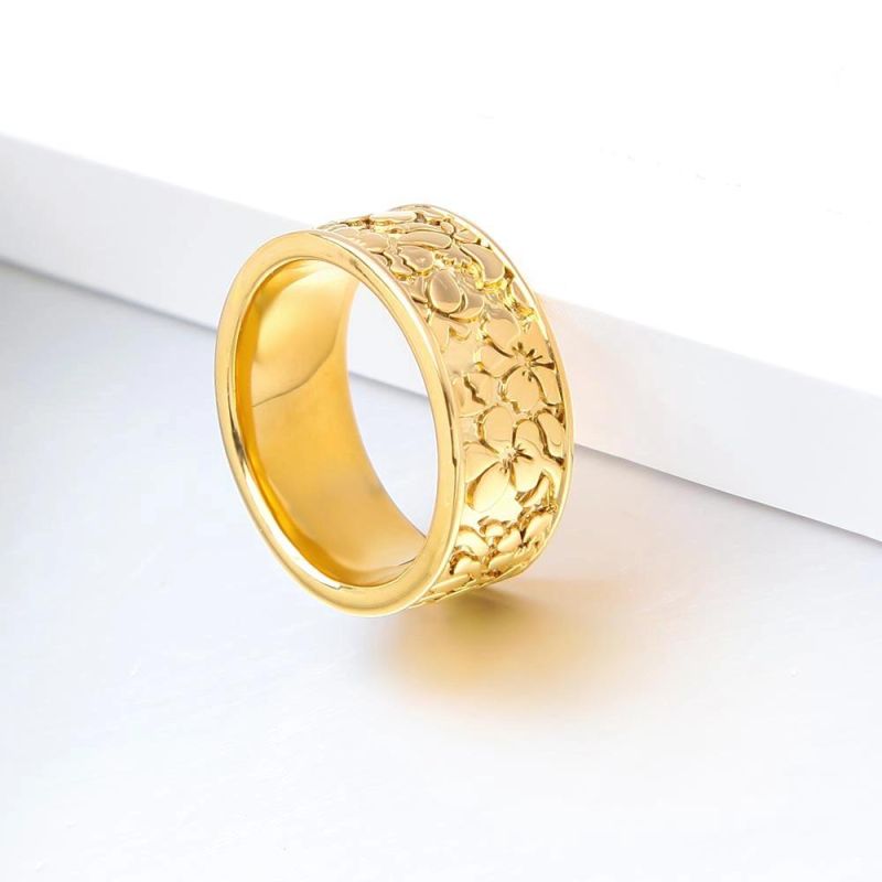 Latest Width Sand Stone Texture Gold Plated Finger Rings Women with Crystal