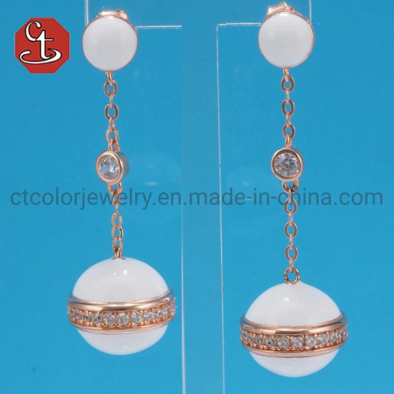 White Black Color Enamel Silver or Brass Jewelry White CZ Double Ball Earrings Fashion Dangle Jewelry