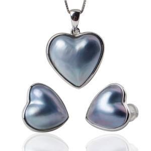 Saltwater Heart Mabe Pearls White, Pink, Blue Color 925 Sterling Silver Pendants Earring Jewelry Set