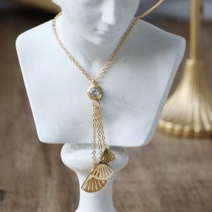 18K Gold Plated Stainless Steel Hollow Fan Shaped Long Chain Tassel Necklace
