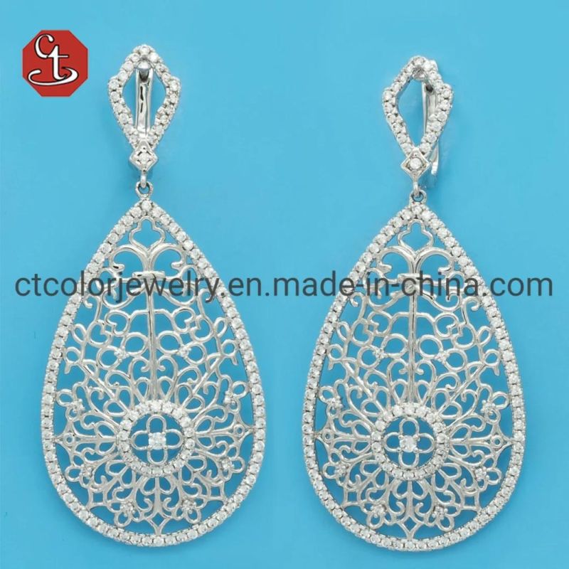 Peacock Feather Plain And CZ Line Dangle Drop White And Black Earring Fashion Silver Jewelry